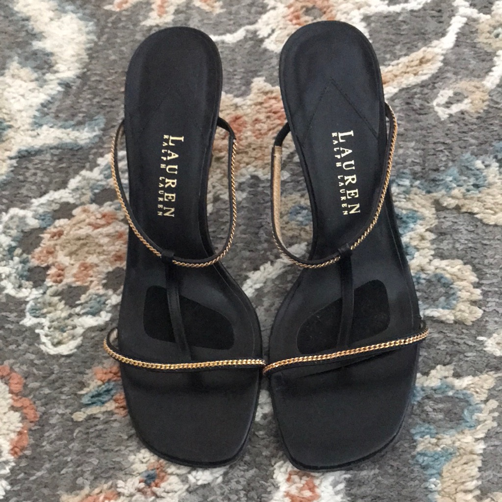 Lauren Ralph Lauren Black Sandal With Gold Chain Straps